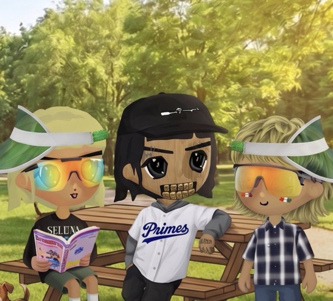 A digital artwork featuring three cartoon-style characters in a park setting, with one wearing a "Primes" baseball jersey.