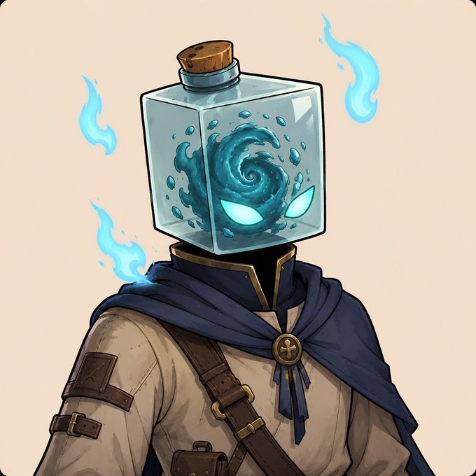 A digital illustration of a character with a glass cube for a head containing blue swirling water and glowing eyes, wearing a beige coat with a blue cape.