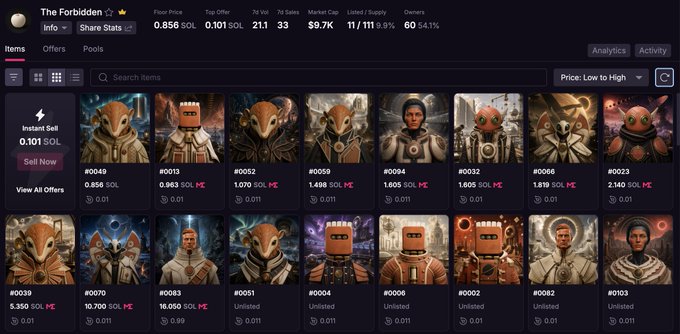 A screenshot of an NFT marketplace for 'The Forbidden' collection on Solana, showing various character-based digital items with prices listed in SOL.