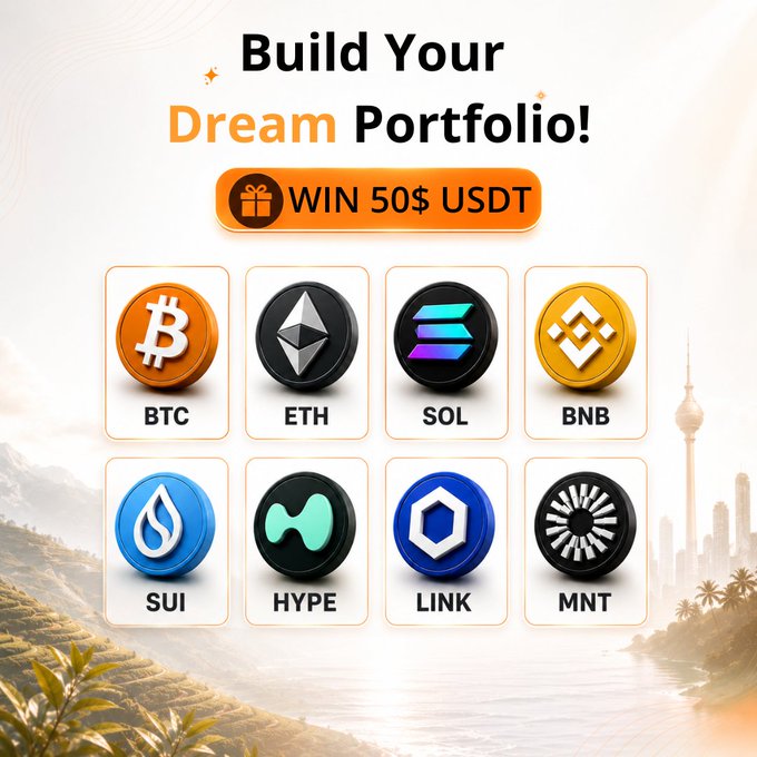 A promotional graphic titled 'Build Your Dream Portfolio!' offers a chance to 'WIN 50$ USDT' and displays cryptocurrency icons including BTC, ETH, SOL, BNB, SUI, HYPE, LINK, and MNT.