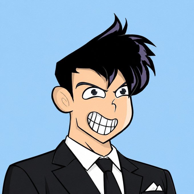 A cartoon-style illustration of a man with spiky black hair, wearing a black suit and tie, grinning widely with a comically toothy expression against a light blue background.