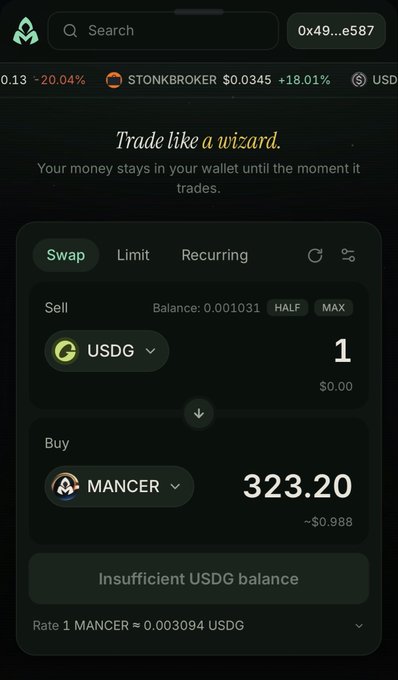 A screenshot of a cryptocurrency trading interface showing a swap transaction of 1 USDG for 323.20 MANCER, indicating 'Insufficient USDG balance'.