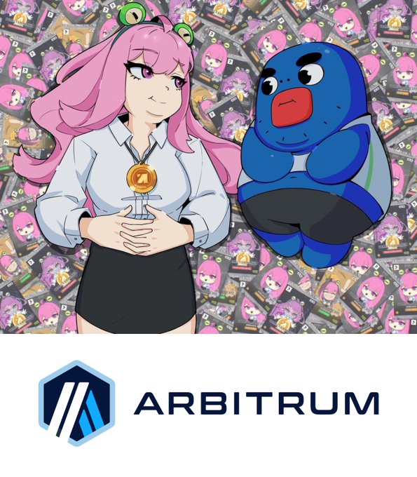 Anime-style illustration featuring a pink-haired girl and a blue penguin-like character against a background of repeating NFT cards, with the ARBITRUM logo displayed below.