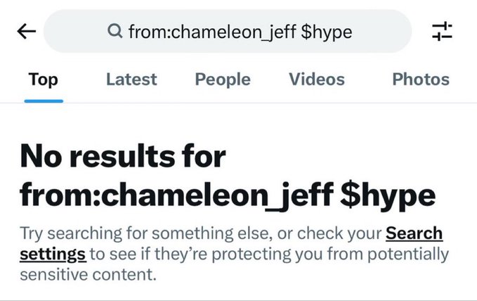 Twitter/X search results page showing 'No results for from:chameleon_Jeff $hype' with a message suggesting to check Search settings for sensitive content filters.