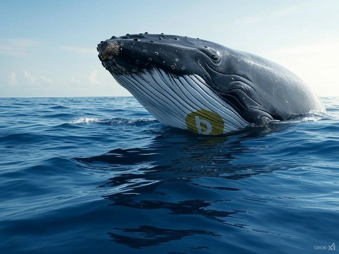A humpback whale with a yellow Dogecoin symbol on its throat grooves surfaces in the ocean. The image illustrates the post’s claim that Dogecoin whales bought another 600 million $Doge, worth $48 million, in the past 48 hours.