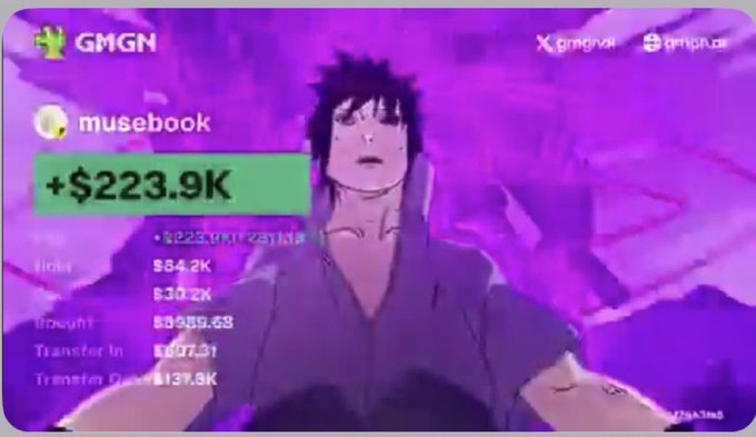 A promotional graphic displays an anime character (Fushiguro Megumi from Jujutsu Kaisen) overlaid with a portfolio screenshot showing a "+$223.9K" gain on "$MUSEBOOK" via GMGN, with metrics including 7d PnL $84.2K, 30d PnL $30.2K, 1d PnL $9,959.68, transfer in $807.31, and transfer out $13.9K, visually backing the post's claim of a massive profit and ambitious 7-figure PnL target.