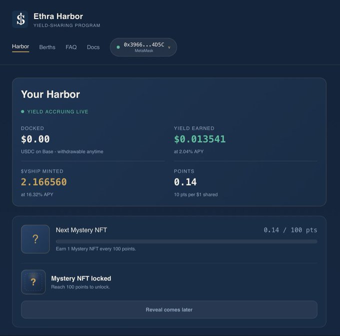Screenshot of the Ethra Harbor yield-sharing program dashboard showing 'Your Harbor' with $0.00 docked, $0.013541 yield earned at 2.04% APY, 2.166560 $VSHIP minted at 16.32% APY, and 0.14 points accumulated.