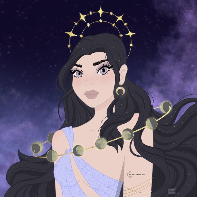 A digital illustration depicts a pale-skinned woman with long flowing black hair, violet eyes, and a celestial gold crown of stars above her head, wearing a lavender dress with a chain of moon phases draped across her chest against a purple cosmic background. The artwork, signed by "Just a Pixel Girl" with text reading "Just a Pixel Girl," reflects the artist's gratitude and reflections shared in the accompanying post about her creative journey since her genesis drop on Stargaze in 2022.