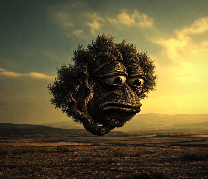 A surreal, high-quality 3D rendering of a floating, anthropomorphic face made of dark, textured rock and gnarled tree roots, set against a barren landscape under a hazy, golden sky.