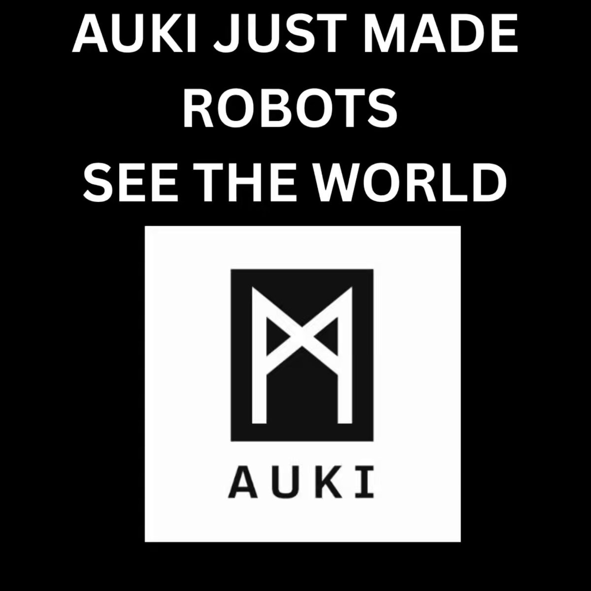 The image features a logo for an online store called "auki just made robots see the world". The logo consists of a square with a white "M" inside, surrounded by black text that reads "auki just made robots see the world". This design effectively conveys the message that the company creates and sells robots.