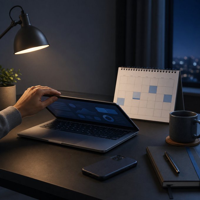 A dimly lit desk scene with a person using a laptop displaying charts, accompanied by a calendar, coffee mug, phone, and notebook under a desk lamp.