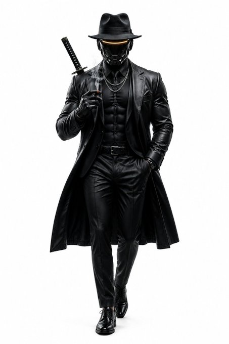 A digital artwork of a cyberpunk or futuristic figure wearing a black suit, fedora, and a robotic mask with a glowing orange visor, holding a smoking cigar and a katana sword on his back.