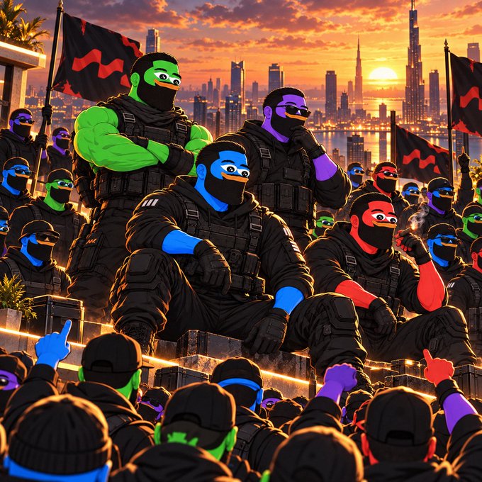A colorful illustration shows a group of characters with brightly colored faces (green, blue, red, purple) wearing tactical gear, gathered in a city setting at sunset with a skyline resembling Dubai in the background.