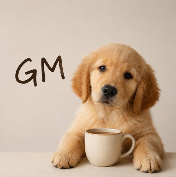 An adorable golden retriever puppy sitting behind a cream-colored coffee mug, with the handwritten text 'GM' (good morning) on the wall beside it.