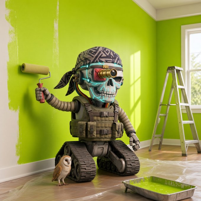 A 3D-rendered skull-faced robot with tank treads, wearing a bandana and tactical vest, holds a paint roller while painting a wall bright green in a room with an owl nearby.