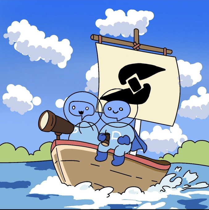 A cartoon illustration of two blue blob-like characters sailing on a small wooden boat with a pirate-themed sail, one looking through a telescope under a cloudy sky.