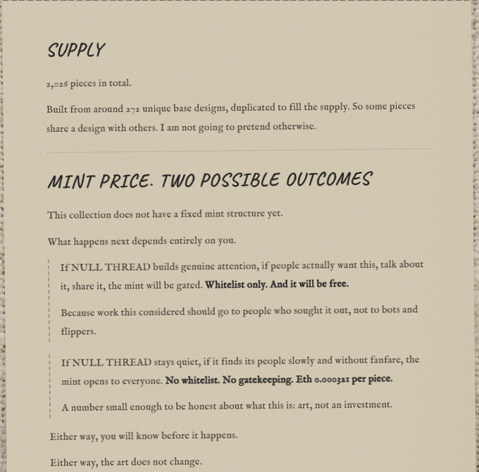 The image displays a text page detailing a 2,026-piece NFT collection called "NULL THREAD," with around 272 unique base designs, and outlines two possible mint outcomes—a free whitelist mint if the project builds genuine community support, or a 0.00032 ETH public mint if interest remains low.

This aligns with the "Checker Updated" post by confirming that the project (NULL THREAD) is still committed to its "guaranteed" delivery structure, reinforcing the gtd (guaranteed) promise referenced by the original poster.