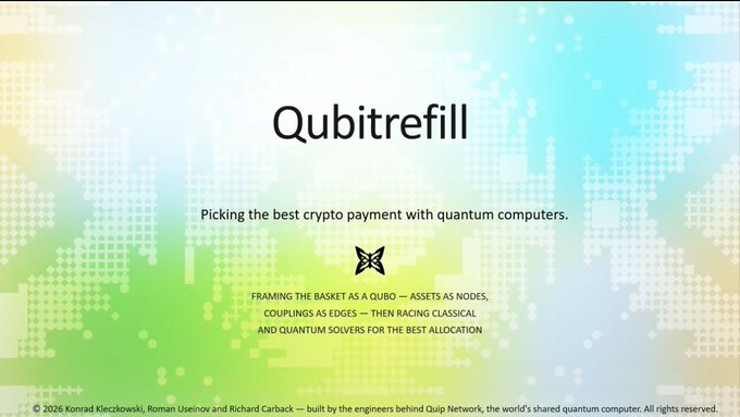 The image shows a website called "qubitrefill" with a green background featuring a white diamond pattern. The text on the website reads, "Quitrefill", which is the main focus of the image. Below this, there are two lines of text that provide information about the website and its purpose: "picking the best crypto payment with Quantum computers" and "Training the basket as a QoQo". These descriptions help to explain what Qubitrefill does and how it can be used for various purposes related to cryptocurrency.