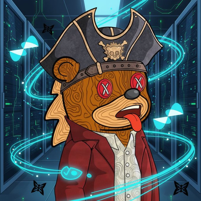 A cartoon illustration of a dog-like pirate character with a skull-and-crossbones hat and X-shaped eyes wearing a red coat, surrounded by glowing blue swirling energy effects in a server room setting.