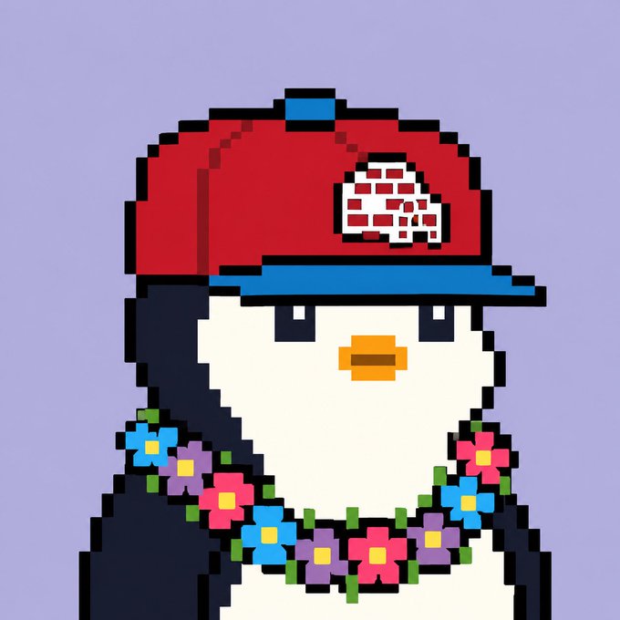 A pixel art illustration of a penguin wearing a red cap with a skull logo and a colorful flower lei on a light purple background.
