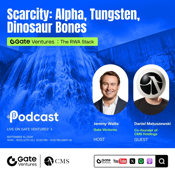 A promotional poster for a Gate Ventures podcast titled 'Scarcity: Alpha, Tungsten, Dinosaur Bones' featuring host Jeremy Wallis and guest Daniel Matuszewski, co-founder of CMS Holdings, airing September 10, 2026.