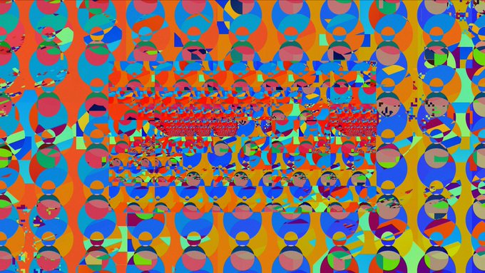 A distorted, glitch-art style pattern composed of repeating stylized faces in bold blue, orange, red, and yellow hues.