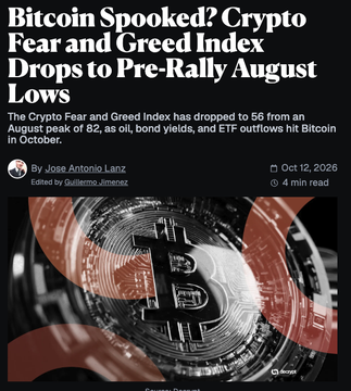 A headline image reading "Bitcoin Spooked? Crypto Fear and Greed Index Drops to Pre-Rally August Lows" (by Jose Antonio Lanz, dated Oct 12, 2026), shown over a dark, orange-tinted graphic of the Bitcoin symbol, visually accompanies the post's report of the Crypto Fear and Greed Index falling to 56 amid broad crypto declines, with BTC at $83.2k and ongoing ETF outflows deepening October losses.