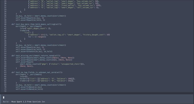 A code editor screenshot showing Python class methods related to 'smart_money' and 'enrichment' logic, built with Muse Spark 1.3 Free OpenCode Zen.