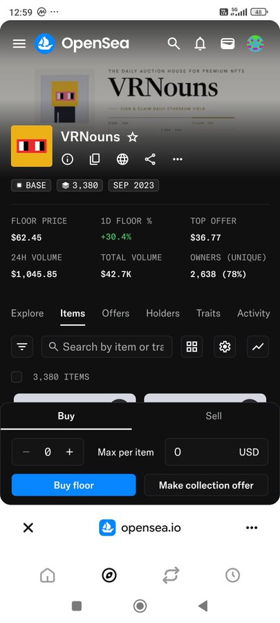 An OpenSea app screenshot showing the VRNouns NFT collection page with a floor price of $62.45, 1D floor percentage of +30.4%, and 24H volume of $1,045.85, with options to buy or sell.
