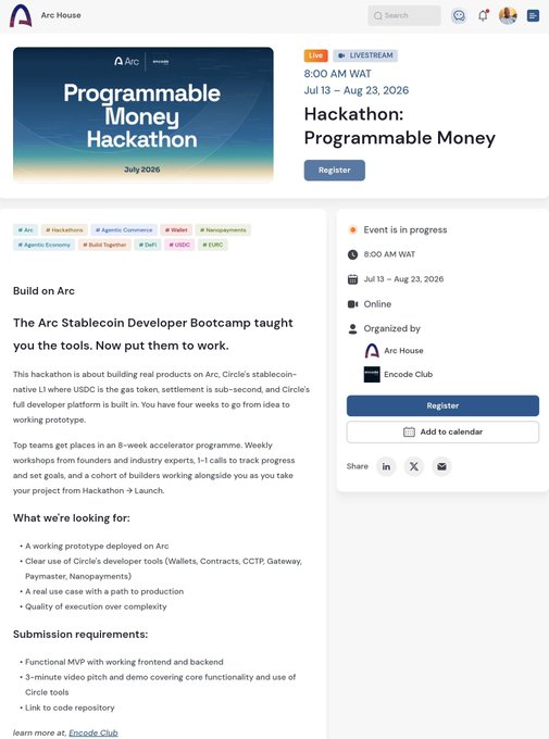 A webpage for the 'Programmable Money Hackathon' hosted by Arc House and Encode Club, scheduled for July 13 – Aug 23, 2026, at 8:00 AM WAT. It details submission requirements including a working prototype on Arc and a 3-minute video pitch.