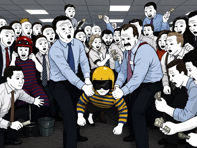 Two men in office attire lift a yellow-helmeted Wojak figure up from the floor as a crowd of businessmen eagerly toss dollar bills around them, visually illustrating the post's hype about a $20 million $WOJAK token milestone on Ethereum and the masses rushing to join the moment.