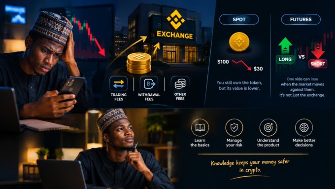 A financial education graphic about cryptocurrency and token exchanges, showing a man looking distressed at a red price chart and another man looking thoughtfully upward, with sections on 'SPOT', 'FUTURES', 'TRADING FEES', 'WITHDRAWAL FEES', and 'OTHER FEES', captioned 'Knowledge keeps your money safer in crypto.'