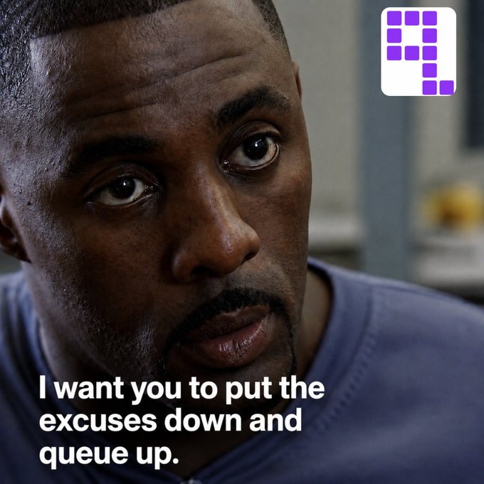 A close-up image of actor Mekhi Phifer with a concerned expression, overlaid with the text 'I want you to put the excuses down and queue up.' and a purple logo in the top right corner.