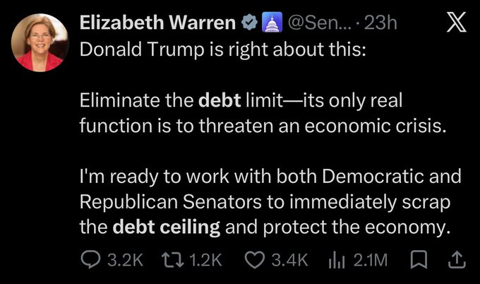 Elizabeth Warren states Donald Trump is right about eliminating the debt limit to avoid an economic crisis. This tweet is about government spending, which relates to the accompanying post's concern about money printing and the suggestion to "Buy Bitcoin."