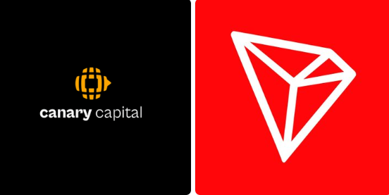 Two logos displayed side-by-side: 'canary capital' on a black background on the left, and a red diamond/gem icon on a red background on the right.