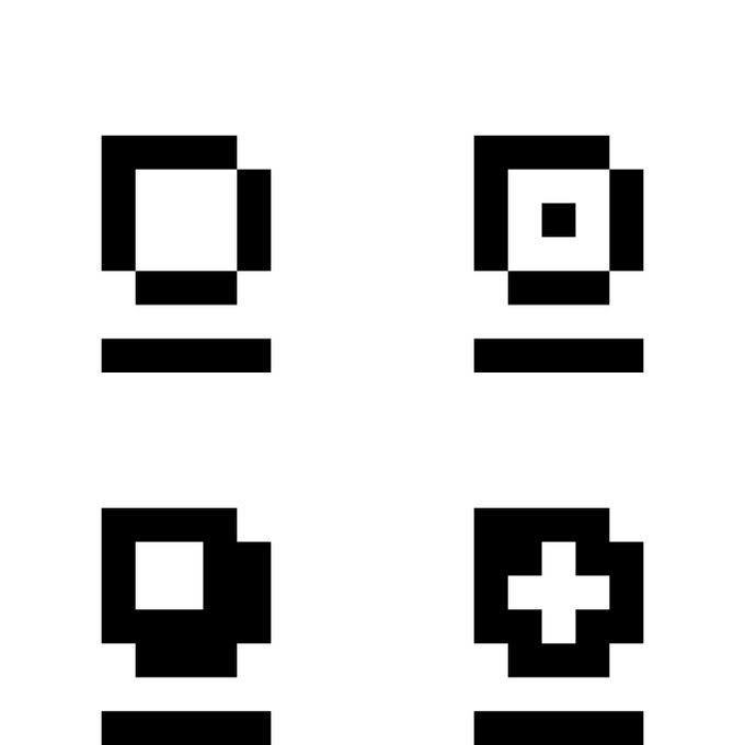 A minimalist black and white pixel art image showing four identical square-shaped icons arranged in a grid, each with a different internal symbol: an empty square, a square with a small center dot, a square with a center square, and a square with a plus sign.