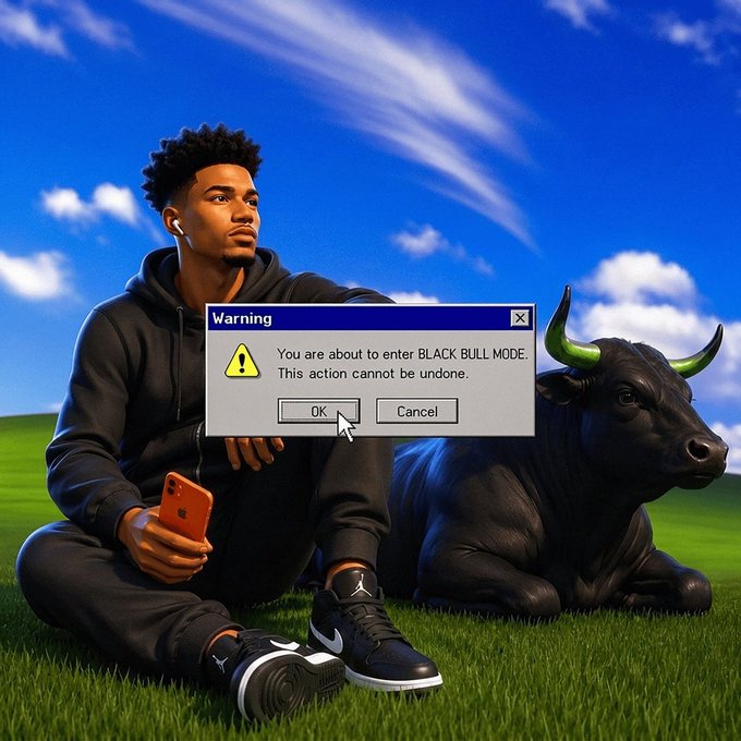 A digitally edited image showing a young man in a black hoodie sitting on grass next to a black bull with green horns, with a Windows-style warning dialog that reads 'You are about to enter BLACK BULL MODE. This action cannot be undone.'
