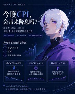 An AI-generated promotional graphic featuring a white-haired anime character alongside Chinese text titled "今晚CPI，会带来降息吗？" (Will tonight's CPI bring rate cuts?), highlighting three CPI scenarios (<0.1%, <0.2%, <0.3%) with their potential market impacts, and listing cryptocurrency/stock holdings including BTC ($62,500-63,800), $SNDK (1202-1296), and SK Hynix (1004-1063).

The image visually complements the post by illustrating the discussion of tonight's US CPI data release and its potential implications for rate cuts, while showcasing the author's current positions in BTC, SNDK, and SK Hynix.