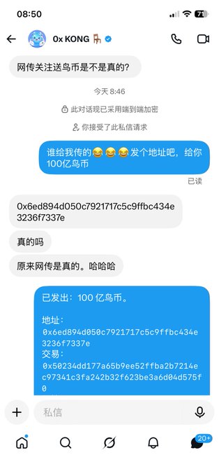 A Chinese-language messaging conversation with '0x KONG' discussing a transfer of '100亿鸟币' (10 billion bird coins) along with cryptocurrency wallet addresses.