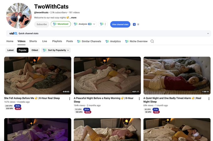 A YouTube channel page for 'TwoWithCats' (@twowithcats), displaying popular videos titled 'She Fell Asleep Before Me', 'A Peaceful Night Before a Rainy Morning', and 'A Quiet Night and One Badly Timed Alarm'.