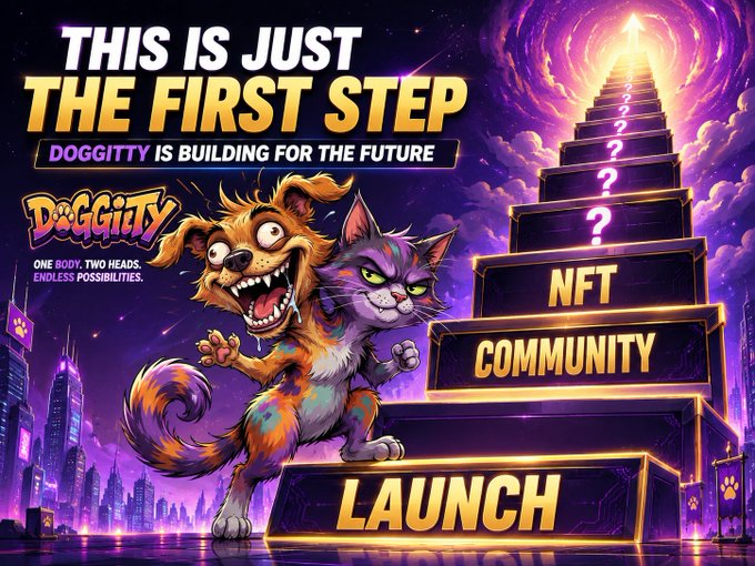 A vibrant promotional graphic with the text 'THIS IS JUST THE FIRST STEP. DOGGITY IS BUILDING FOR THE FUTURE' alongside the 'DOGGITY' logo ('ONE BODY, TWO HEADS. ENDLESS POSSIBILITIES.'), featuring a cartoon two-headed dog in front of a glowing staircase labeled 'LAUNCH', 'COMMUNITY', and 'NFT'.