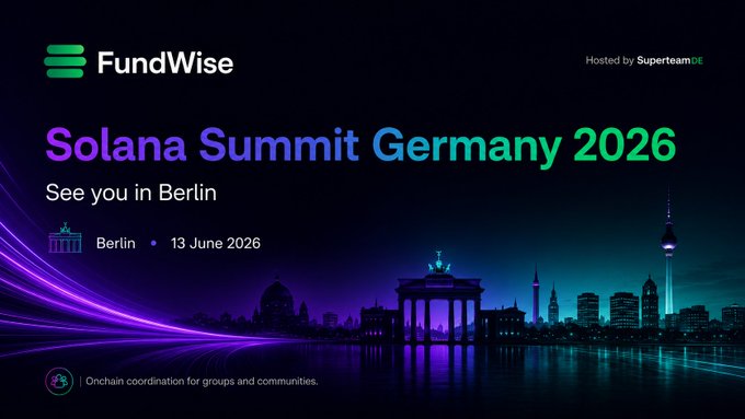 The image features a poster with a city skyline at night, including the iconic Brandenburg Gate. The text on the poster reads "Solana Summit Germany" and "See you in Berlin on 13 June 2026". The poster also includes a link to the event page for more information about the Solana Summit Germany.