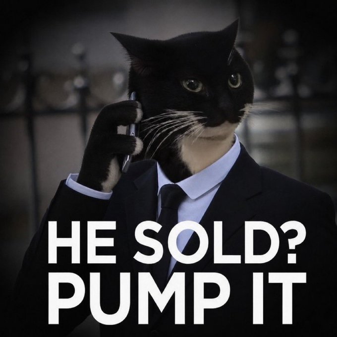 A black and white tuxedo cat dressed in a suit holds the phone to its ear with the caption "HE SOLD? PUMP IT" overlaid. The image humorously conveys the post's message about aggressively promoting a meme coin (likely a "Popcat"-style token) to pump its value, with the cat's serious business attire suggesting urgent trading advice.