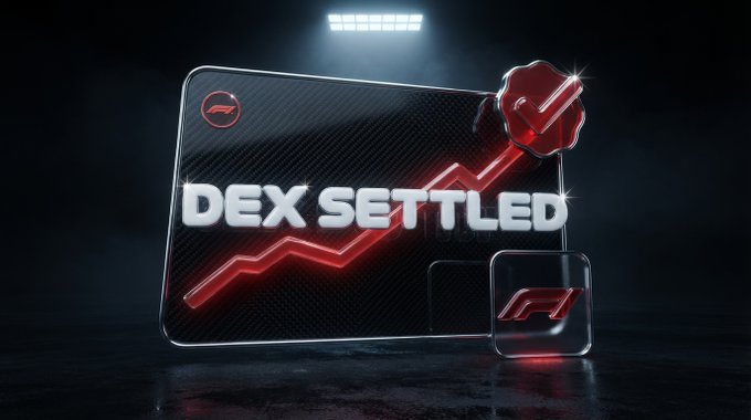 A graphic showing the text 'DEX SETTLED' on a transparent panel, with red and silver Formula 1 (F1) logos set against a dark background.