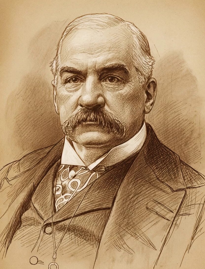 The image shows an old portrait or drawing of a man with a mustache, depicting him as having a serious expression. He wears a suit jacket and tie and has a notable mustache. The art style suggests it might be a sketch or pencil drawing. There is text on the background that reads "Market Closed Portfolio: 0.49% Best Performer: $BMNU 13.00% Worst Performer: $BTCZ 11.35% Added : $CCI, $AMT and $SOCL today." The art style suggests it could be from an artist who has been paid to create this image for the United States' future.