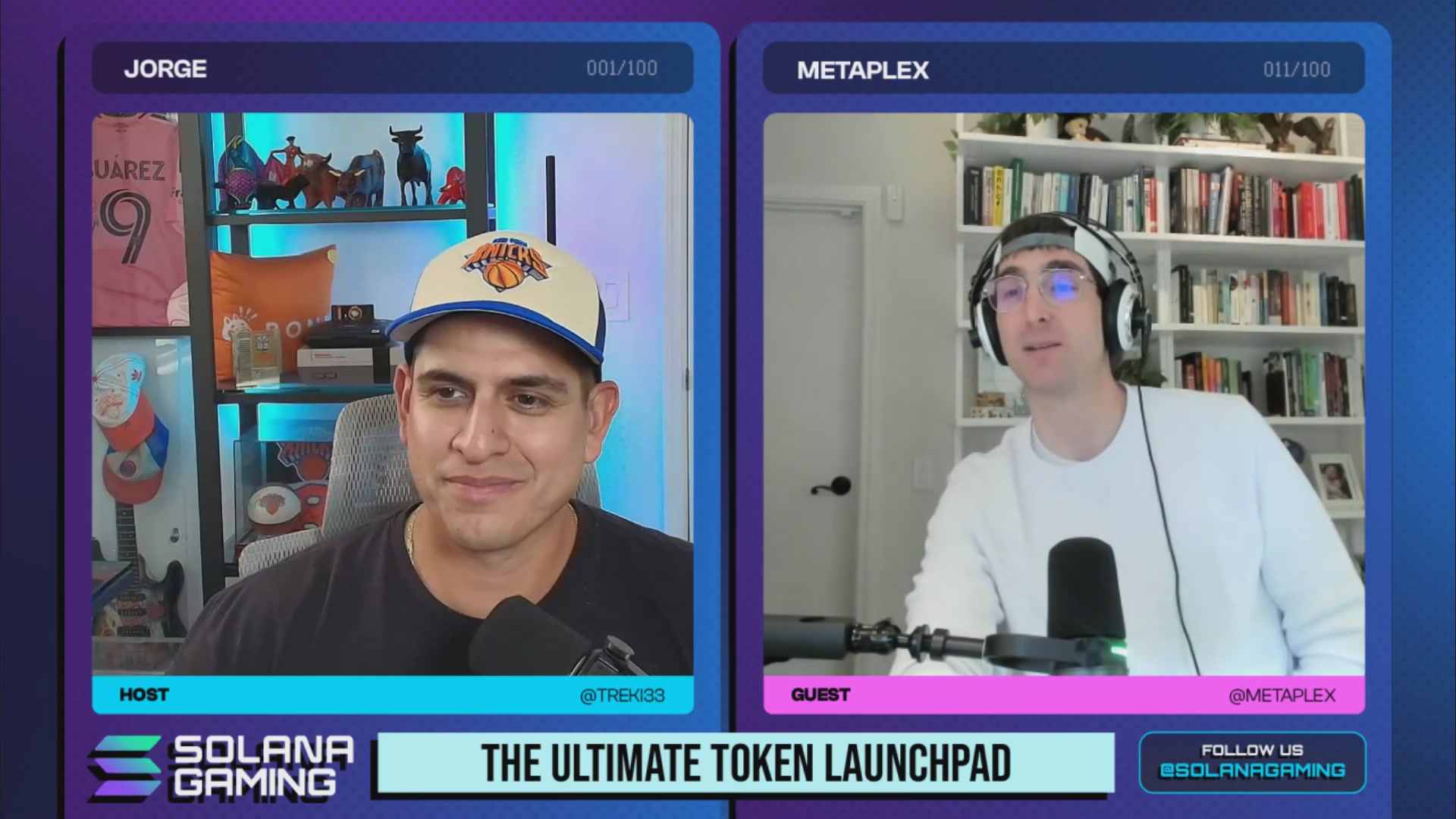 The image shows two men wearing hats, possibly baseball caps or beanies, sitting behind microphones as they appear to be participating in a podcast or radio show. The hosts are discussing the concept of tokens and NFTs, which could be related to the Solana blockchain. The background features a bookshelf filled with various books, suggesting that this might be an intellectual or educational discussion on these topics.
