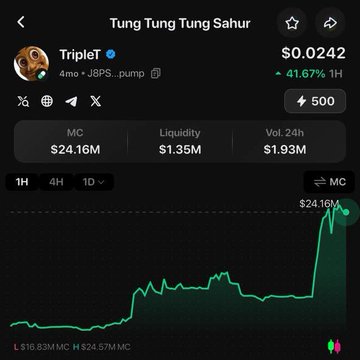 A cryptocurrency price chart for the "Tung Tung Tung Sahur" token (TripleT) on pump.fun, priced at $0.0242 (up 41.67% in 1H), with a market cap of $24.16M, liquidity of $1.35M, and 24H volume of $1.93M.