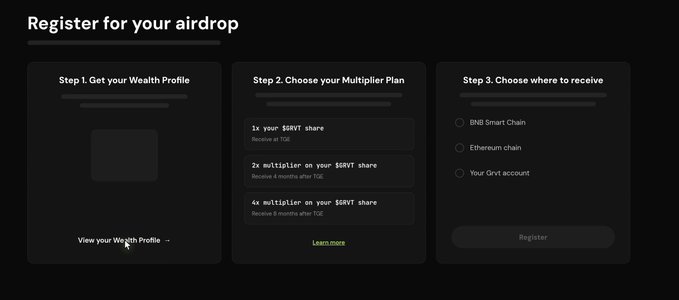 A dark-themed registration interface titled "Register for your airdrop" displays a three-step process: getting a Wealth Profile, choosing a multiplier plan (1x, 2x, or 4x SBRVT share bonuses with various lock-up periods), and selecting a receiving chain (BNB Smart Chain, Ethereum, or Grvt account). The image illustrates the airdrop mechanics referenced in the post, where users must decide between claiming 10%, 18%, or 28% immediate token allocation versus opting for 2x or 4x multipliers with longer lock-up periods—raising concerns about the total token supply implications.