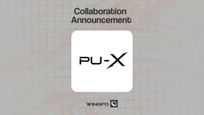The image is a collaboration announcement graphic featuring the "PU-X" (ParallelUniX) logo in a white rounded square centered on a marbled beige background, with "Collaboration Announcement" text above and the Wingfo logo below—matching the post announcing the Every Citizen NFT collection partnership with ParallelUniX.