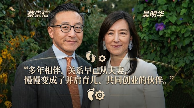 Promotional image featuring a man labeled 蔡崇信 and a woman labeled 吴明华 with a Chinese caption translating to 'After years together, the relationship has shifted from husband and wife to co-parenting and entrepreneurial partners.'